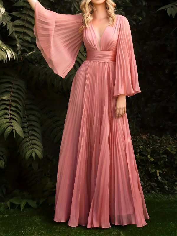 Večernja haljina s V-dekolteom, zvonastim rukavima i nepravilnom midi suknjom; poliester, akril 90-95%