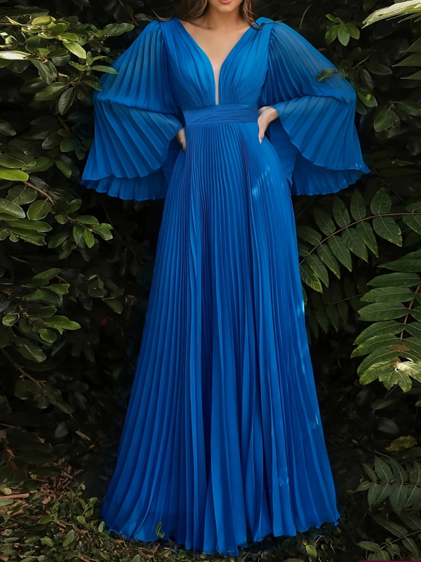 Večernja haljina s V-dekolteom, zvonastim rukavima i nepravilnom midi suknjom; poliester, akril 90-95%