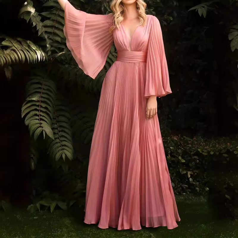 Večernja haljina s V-dekolteom, zvonastim rukavima i nepravilnom midi suknjom; poliester, akril 90-95%