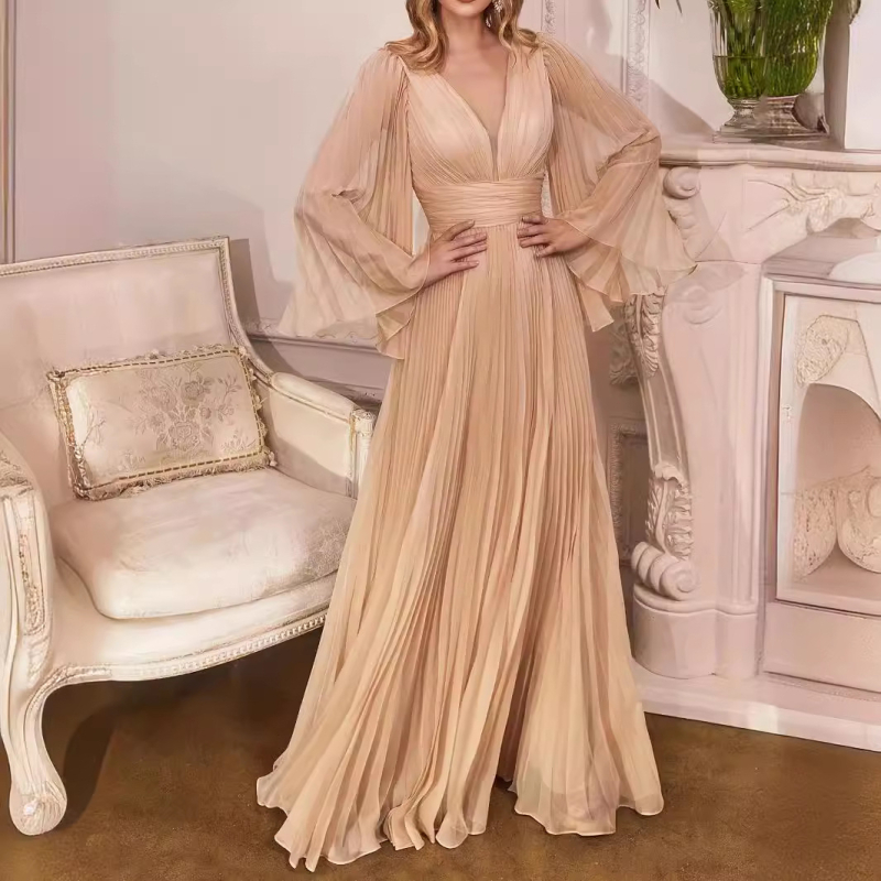 Večernja haljina s V-dekolteom, zvonastim rukavima i nepravilnom midi suknjom; poliester, akril 90-95%