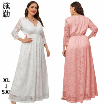 Плюс размер флорална дантелена вечерна рокля за шаферки с три четвърти ръкави и дълга пола (полиестер/спандекс)