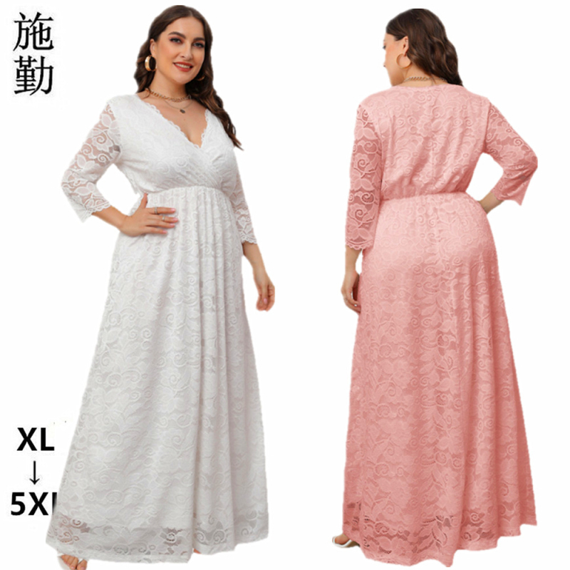 Плюс размер флорална дантелена вечерна рокля за шаферки с три четвърти ръкави и дълга пола (полиестер/спандекс)