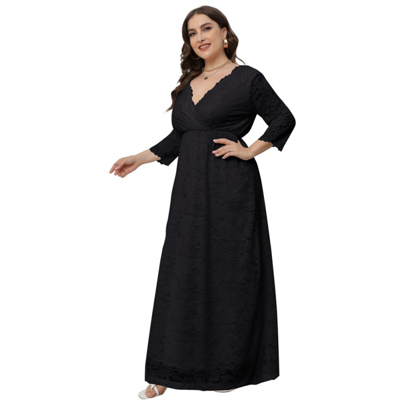 Плюс размер флорална дантелена вечерна рокля за шаферки с три четвърти ръкави и дълга пола (полиестер/спандекс)