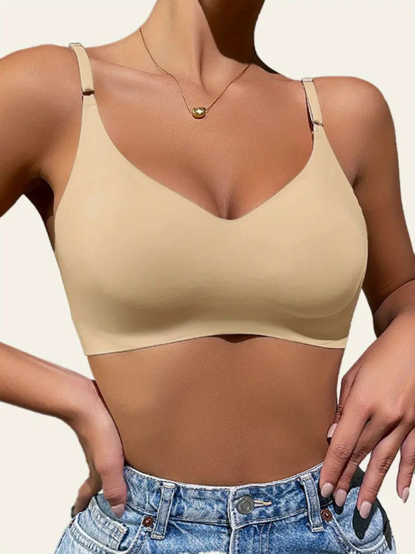 Σουτιέν χωρίς ραφές με V-λαιμό, κύπελλα 3/4 με λεπτό κάλυμμα, νάιλον ύφασμα με επένδυση από σπάνξ, σταθεροί διπλοί ιμάντες, χωρίς μπανέλες