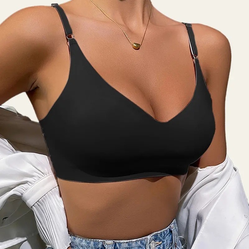 Σουτιέν χωρίς ραφές με V-λαιμό, κύπελλα 3/4 με λεπτό κάλυμμα, νάιλον ύφασμα με επένδυση από σπάνξ, σταθεροί διπλοί ιμάντες, χωρίς μπανέλες