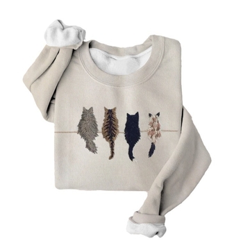 Pulover de damă cu imprimeu digital drăguț de pisică; stil japonez/korean lejer; mâneci lungi, guler rotund; țesătură terry de 230 g/m², poliester 70–80%.