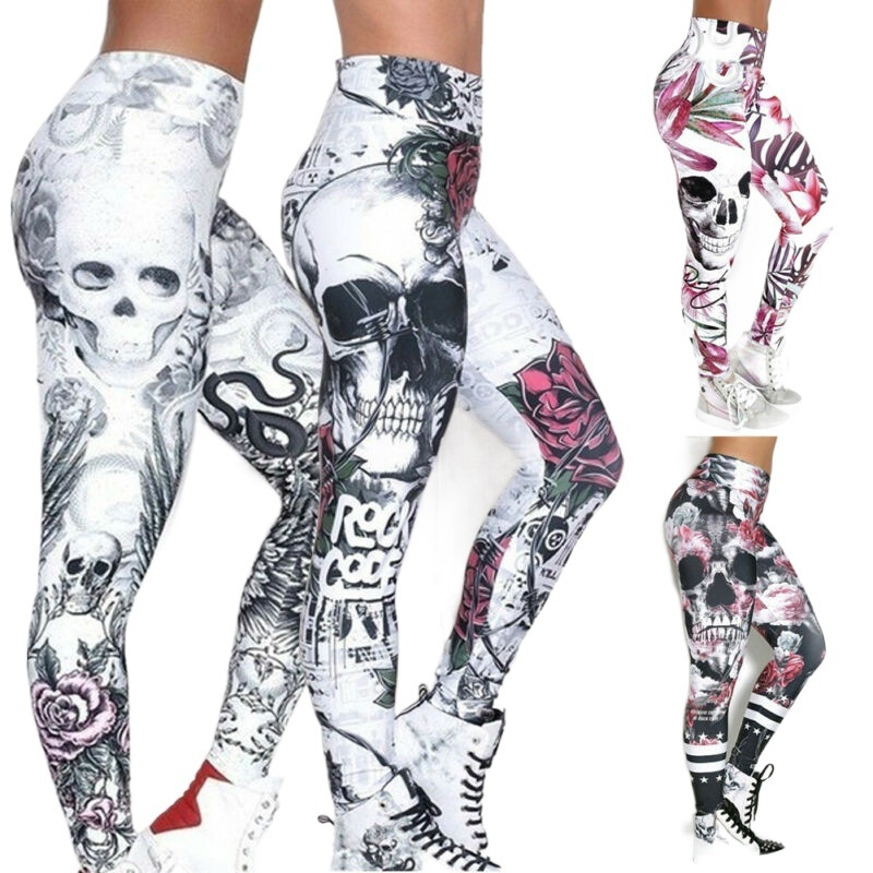 Pantaloni de yoga talie înaltă, imprimeu demon, lungime 9/10, amestec poliester-elastan (poliester 90–95%, elastan sub 30%), croială slim-fit