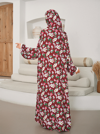 Kaftanska haljina od rayona s floralnim printom, šalni ovratnik, dugi rukavi, ravni kroj