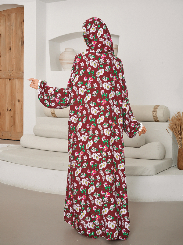 Kaftanska haljina od rayona s floralnim printom, šalni ovratnik, dugi rukavi, ravni kroj