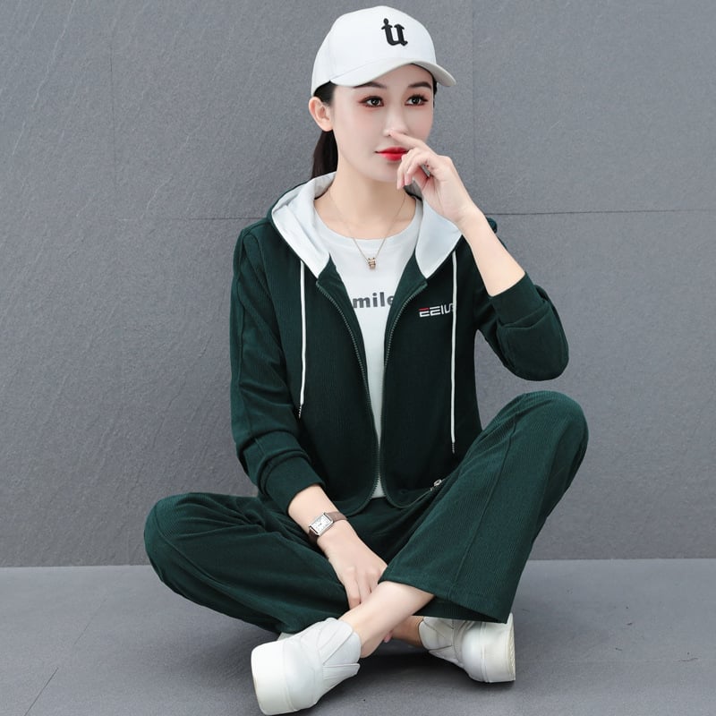 Corduroy тричленен комплект с качулка и панталони, пролет 2025, японско/корейски ежедневен стил, полиестер 95%+