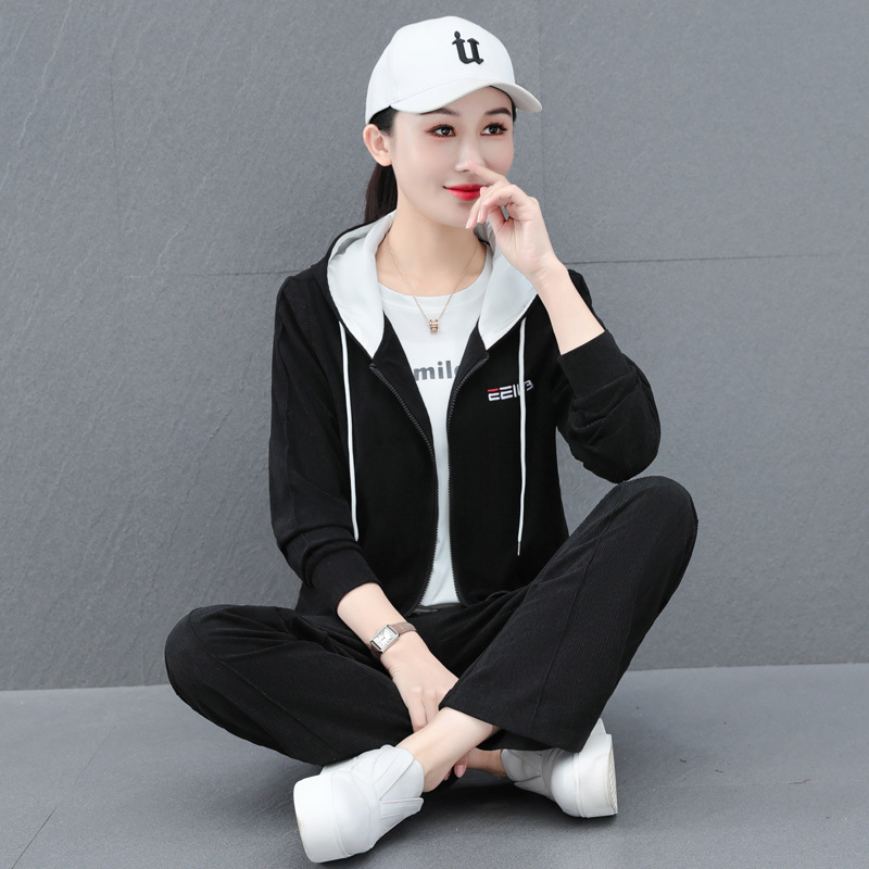 Corduroy тричленен комплект с качулка и панталони, пролет 2025, японско/корейски ежедневен стил, полиестер 95%+