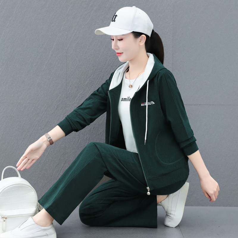 Corduroy тричленен комплект с качулка и панталони, пролет 2025, японско/корейски ежедневен стил, полиестер 95%+