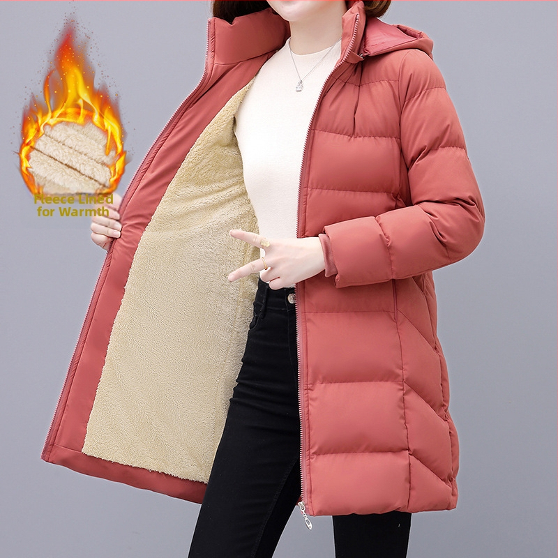 Moteriški vidutinio ilgio pūno-paminkštintas paltas su nuimamu gobtuvu, užtrauktukas, poliesterio audinys