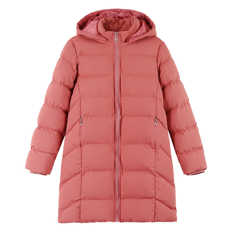 Moteriški vidutinio ilgio pūno-paminkštintas paltas su nuimamu gobtuvu, užtrauktukas, poliesterio audinys