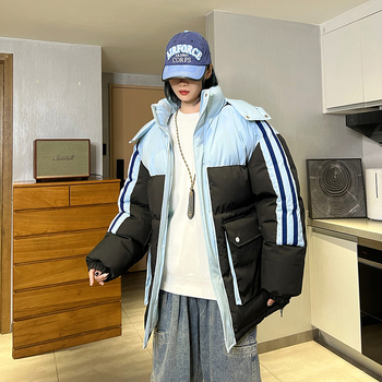 Μπουφάν από βαμβάκι με επένδυση, φαρδιά γραμμή, αποσπώμενη κουκούλα, ριγέ σχέδιο, τσέπες τύπου patch