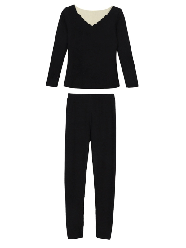 Дамски термален комплект De Velvet с флисово подложение, двойнослоен полиестер, плътност 201-250 g/m2, V-образно деколте, дълги ръкави и панталони