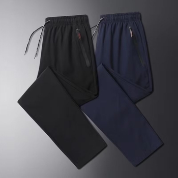 Pantaloni casual pentru bărbați din ice-silk, croi lejer, lungime cropped, talie medie, fermoar decorativ