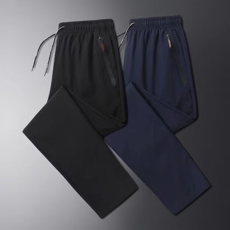 Pantaloni casual pentru bărbați din ice-silk, croi lejer, lungime cropped, talie medie, fermoar decorativ