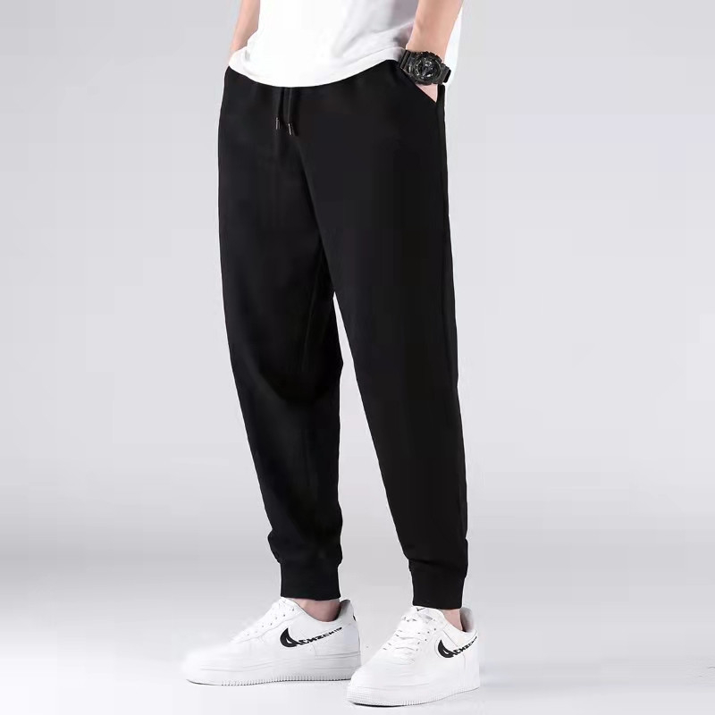 Pantaloni casual pentru bărbați din ice-silk, croi lejer, lungime cropped, talie medie, fermoar decorativ