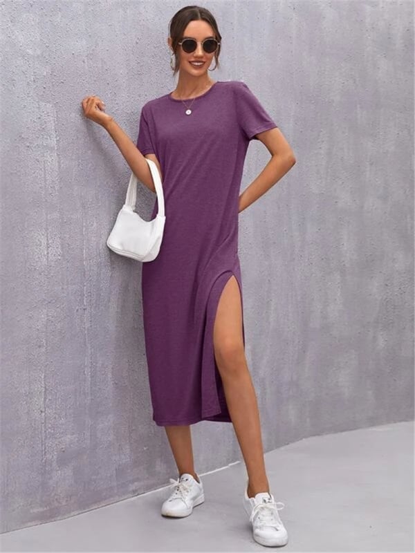 Γυναικεία μίντι φόρεμα, άνετη γραμμή, στρογγυλός λαιμός, κοντά μανίκια, μονόχρωμο πολυεστερικό ύφασμα