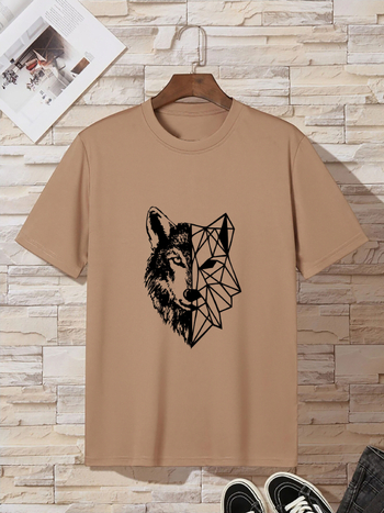 Μπλουζάκι με γεωμετρικό εκτύπωμα μισού λύκου, στρογγυλή λαιμόκοψη, χαλαρή γραμμή, μικτή σύνθεση πολυεστέρα-σπάντεξ