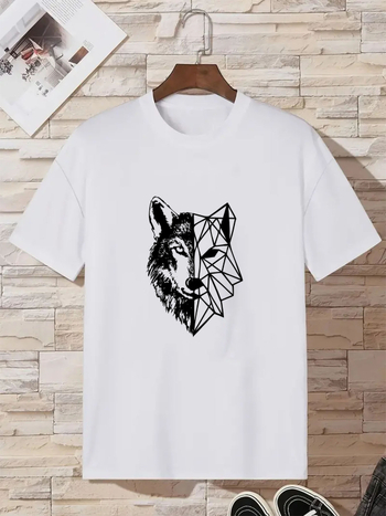 Μπλουζάκι με γεωμετρικό εκτύπωμα μισού λύκου, στρογγυλή λαιμόκοψη, χαλαρή γραμμή, μικτή σύνθεση πολυεστέρα-σπάντεξ