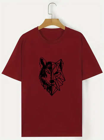 Μπλουζάκι με γεωμετρικό εκτύπωμα μισού λύκου, στρογγυλή λαιμόκοψη, χαλαρή γραμμή, μικτή σύνθεση πολυεστέρα-σπάντεξ