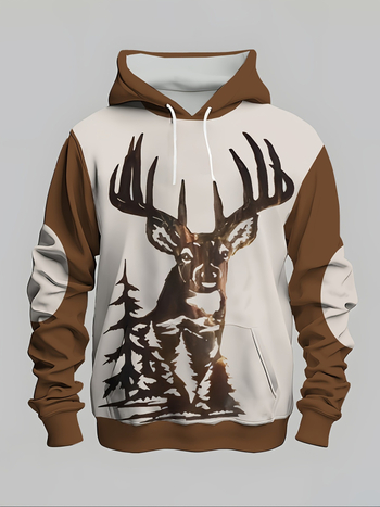 Мъжки суитшърт с качулка и 3D дигитален печат, Elk стил — свободна кройка, полиестер 96%+, дълги ръкави, тегло 250–300 g