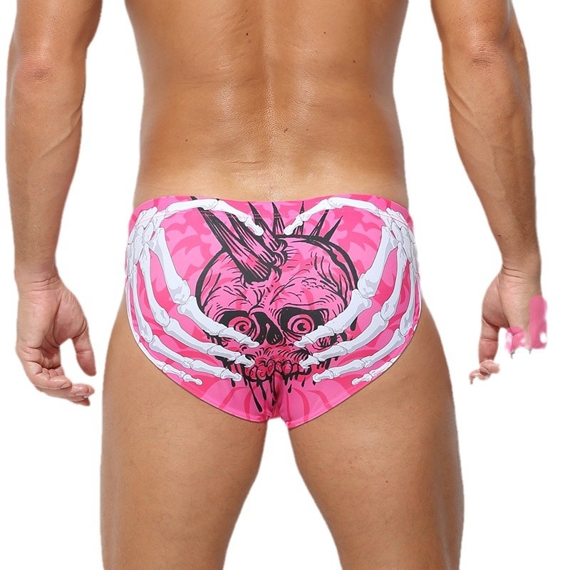 Мъжки плувни шорти с ниска талия от найлон, бързосъхнещи, дишащи, оформящи тялото, принт череп/аниме