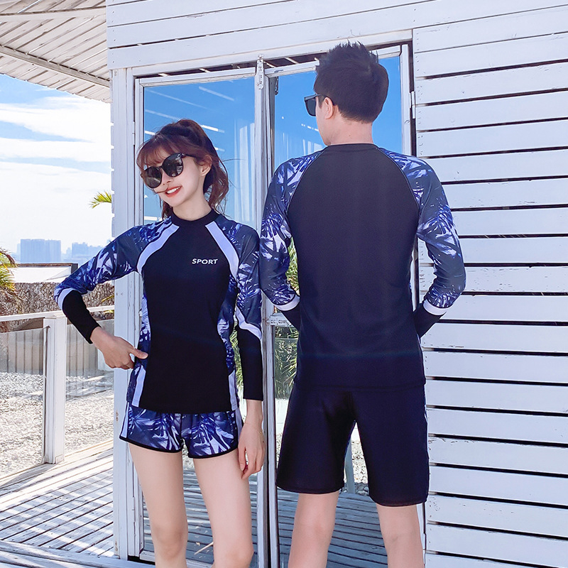 Комплект за плуване за двойки – дамски дълъг ръкав и дълги панталони, мъжки разделен бански костюм, 4 части, бързосъхнещ, защита от слънцето, полиестер/спандекс