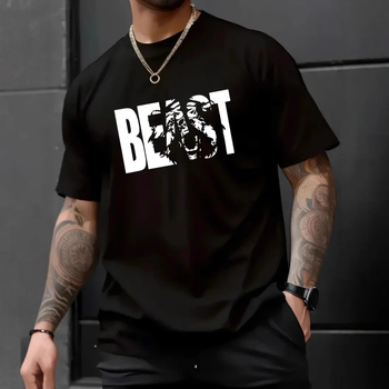 Βαμβακερή μπλούζα με εκτύπωση θηρίου, στρογγυλός λαιμός, κοντά μανίκια, χαλαρή γραμμή