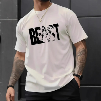 Βαμβακερή μπλούζα με εκτύπωση θηρίου, στρογγυλός λαιμός, κοντά μανίκια, χαλαρή γραμμή