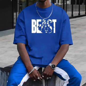 Βαμβακερή μπλούζα με εκτύπωση θηρίου, στρογγυλός λαιμός, κοντά μανίκια, χαλαρή γραμμή