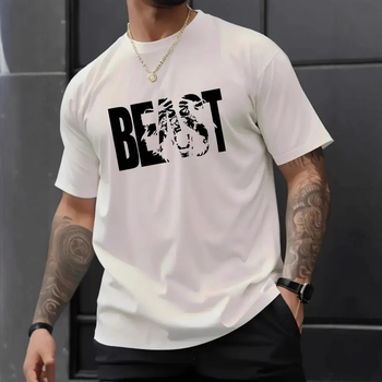 Βαμβακερή μπλούζα με εκτύπωση θηρίου, στρογγυλός λαιμός, κοντά μανίκια, χαλαρή γραμμή