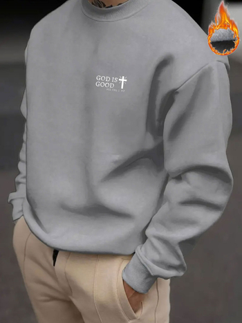 Мъжки суитшърт с флийсова подплата, качулка, свободна кройка, принт с надпис GOD IS GOOD, полиестер 96%+, подходящ за пролет и есен