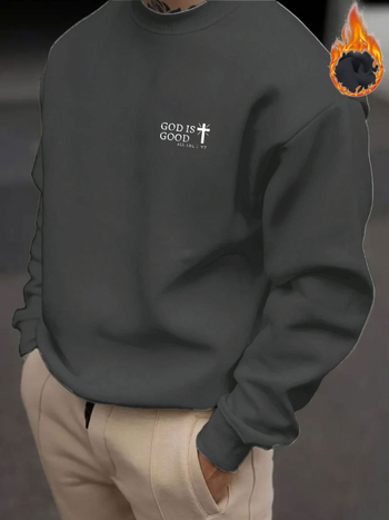 Мъжки суитшърт с флийсова подплата, качулка, свободна кройка, принт с надпис GOD IS GOOD, полиестер 96%+, подходящ за пролет и есен