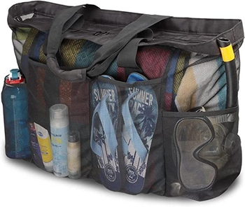 Paplūdimio krepšys su tinklu, daug kišenių, didelė talpa, kvėpuojantis, medžiaga: nailonas + tinklas, kelionėms