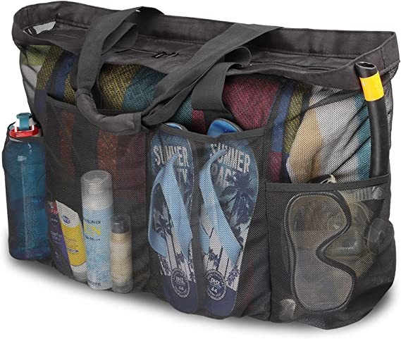 Paplūdimio krepšys su tinklu, daug kišenių, didelė talpa, kvėpuojantis, medžiaga: nailonas + tinklas, kelionėms