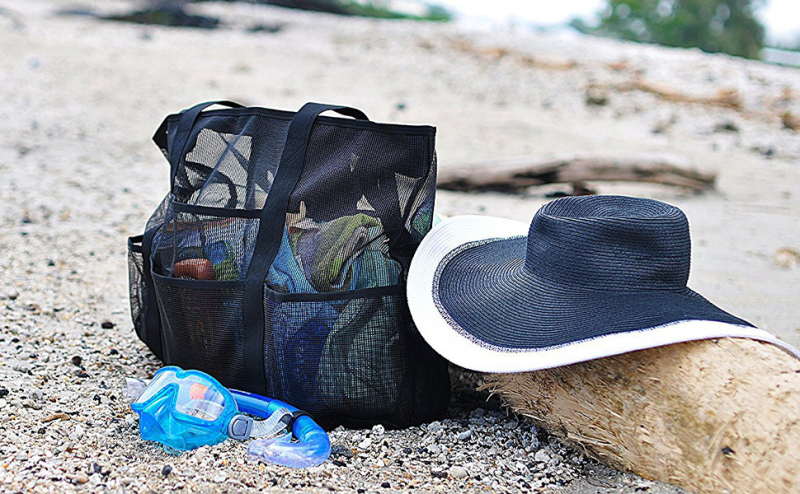 Paplūdimio krepšys su tinklu, daug kišenių, didelė talpa, kvėpuojantis, medžiaga: nailonas + tinklas, kelionėms