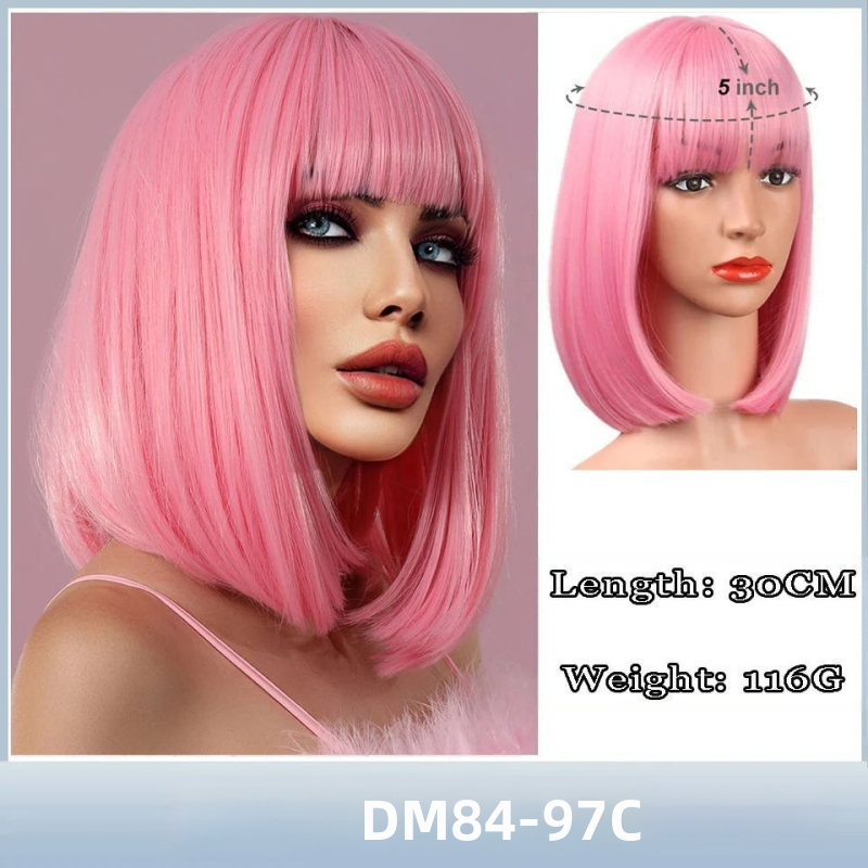 Перука за жени, боб с чело, къса права коса, боБо кичури, модел DM84, термоустойчиви нишки, може да се боядисва