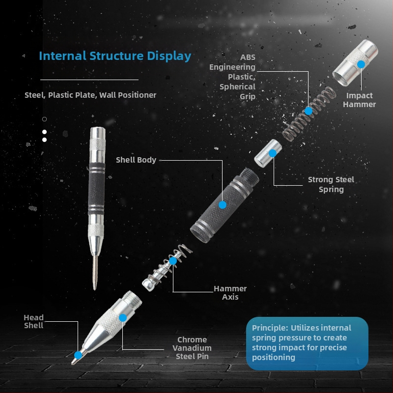 Автоматичен центриращ пробойник-локатор, връх: остър, корпус: инструментална стомана, ръкохватка: метална, серия: позиционен центров пробойник, за дърво