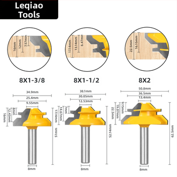 Σετ φρεζών για ξύλο Mortise and Tenon, 45°, τρία τεμάχια, με 1/4 in, 8 mm και 1/2 in άξονες