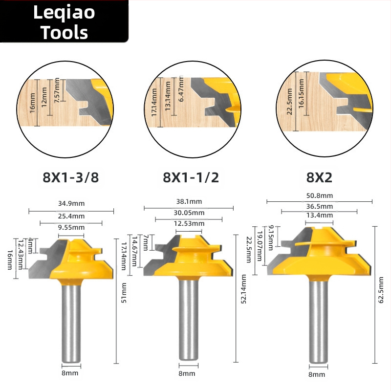 Мортайс и тенон фрези за дърво, комплект от 3 части, 45°, с цанги 1/4 in, 8 мм и 1/2 in