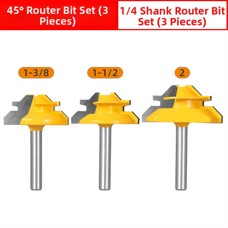 Σετ φρεζών για ξύλο Mortise and Tenon, 45°, τρία τεμάχια, με 1/4 in, 8 mm και 1/2 in άξονες