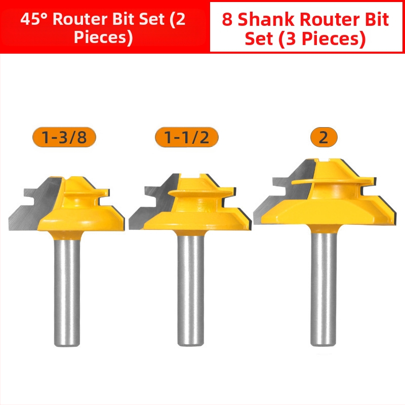 Σετ φρεζών για ξύλο Mortise and Tenon, 45°, τρία τεμάχια, με 1/4 in, 8 mm και 1/2 in άξονες