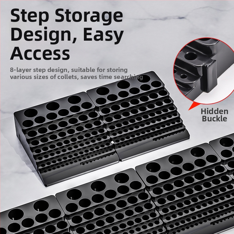 Ротираща CNC кутия за съхранение на фрези – ABS, сглобяема кутия за части, преносима, 1.5 мм стена, -10°C до 60°C, капацитет 85 отвора за фрези и 100 отвора за битове