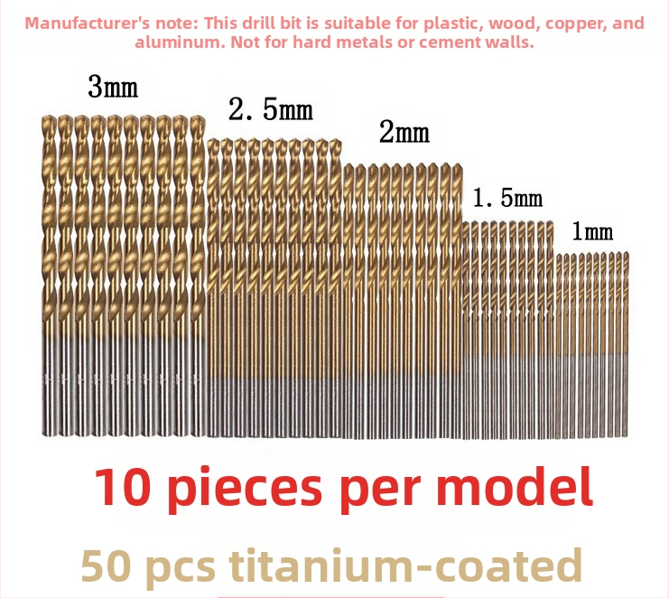 Комплект спирални свредла за дърво, 50 бр., титаново покритие, права дръжка, за електрическа бормашина