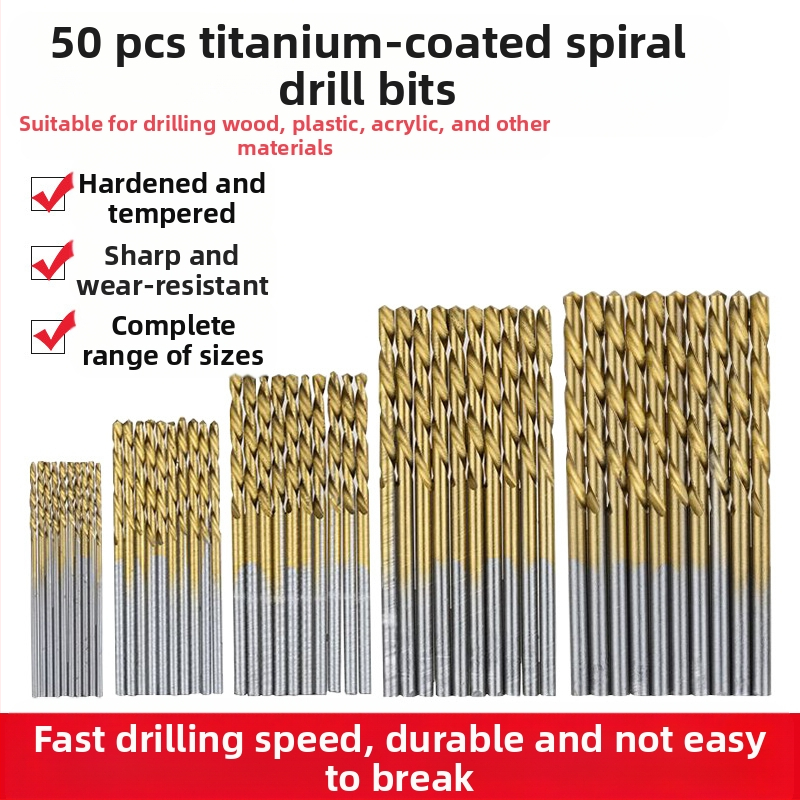 Комплект спирални свредла за дърво, 50 бр., титаново покритие, права дръжка, за електрическа бормашина
