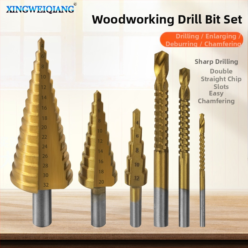 6 части Pagoda дърводелски набор от свредла за дървообработване със слот, триъгълна дръжка, носеща стомана и титаново покритие, стъпкови свредла