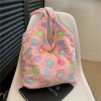 Плюшена Tote чантичка със цветя, корейски стил, свеж и сладък дизайн, вертикална квадратна форма и цип